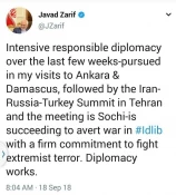 وزیر امورخارجه جمهوری اسلامی ایران در تازه ترین توئیت:

دیپلماسی فعال منجر به جلوگیری از جنگ در ادلب می‌شود 2