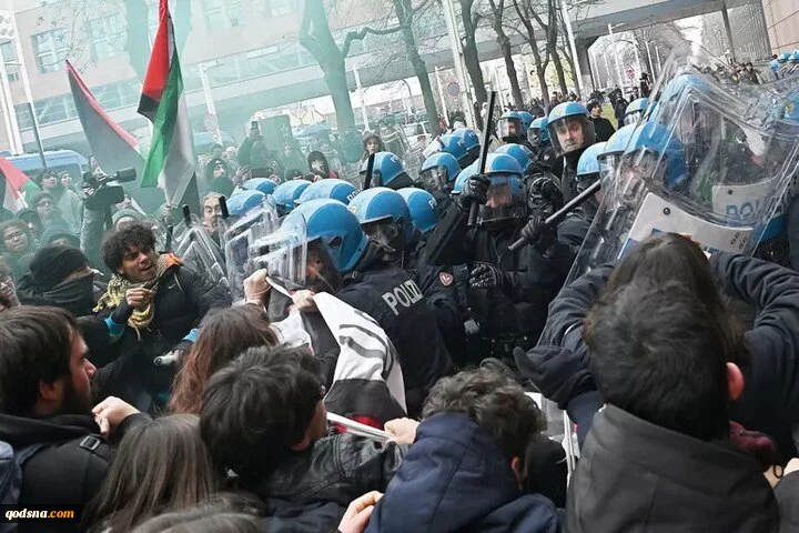 درگیری پلیس و معترضان در بولونیا ایتالیا همزمان با حضور تیم اسرائیلی 2