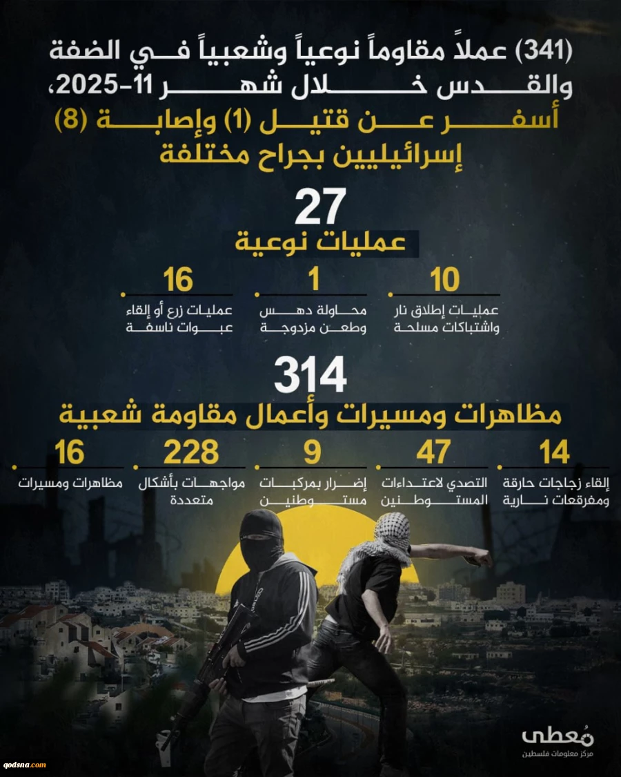 مرکز پژوهشی آماری معطی گزارش داد؛

 341  عملیات مقاومتی در کرانه باختری طی ماه نوامبر/ ثبت میانگین قریب به 12 عملیات در هر روز +نمودار 3